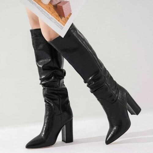 New Winter Boots Women Crocodile Pattern Knee High Boots Fold Women Boots Imitation Leather Square Pointed High Heel Boots