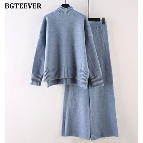 BGTEEVER Autumn Winter Thicken Warm Loose Women 2 Pieces Knitted Set Casual Turtleneck Sweater & Wide Leg Pants 2021