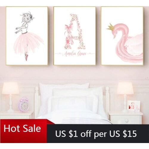 Ballet Girl Poster Custom Name Canvas Painting Print Pink Swan Wall Prints Nursery Wall Art Nordic Posters Girl Baby Room Decora