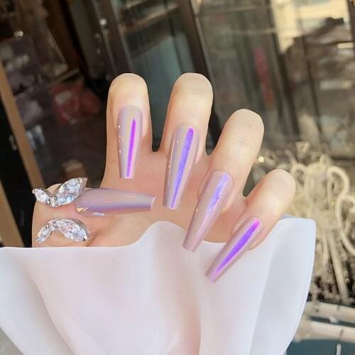 Purple Mirror false nails 24pcs with glue American punk style lady full nail tips Gourd pattern fake nails Nail art
