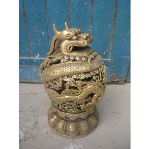 Rare old Ming Dynasty copper censer/ incense stove,with carving &mark,Hollow dragon,Free shipping