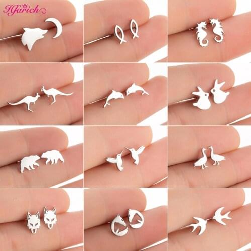 Stainless Steel Hummingbird Earrings Black Small Cute Animal Wolf Rabbit Kangaroo Fish Bear Earring Goose Studs 2021 Pendientes
