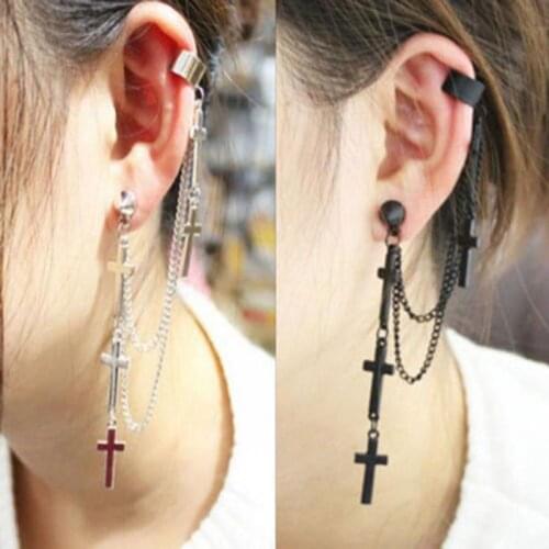 1pc Fashion Cool Punk Style Crosses Pendent Tassel Chain Ear Wrap Cuff Stud Clip Earring Women Men Gifts