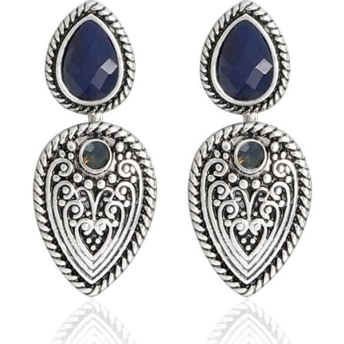 Blue Stone Bohemia Earring Silver Antique Engraved Flower Earring Fashion Stud Earrings Acrylic Water Stud Earrings