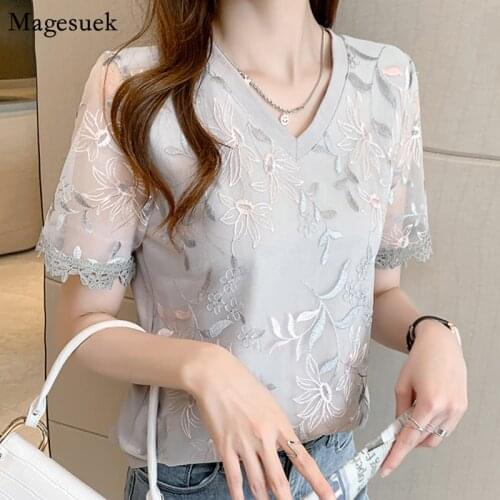 Chic Short Sleeve Floral Embroidery Womens Shirt 2021 Summer V-neck Hollow Lace Blouse Woman Elegant Fashion Tops Blusas 14768