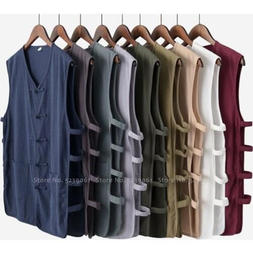 Tang Suit Traditional Chinese Clothing for Men Tee Tops Kung Fu China Vests Cotton Linen Sleeveless Viking Pirate Blouse T-Shirt