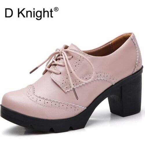 Women Platform High Heels Oxfords PU Leather 7cm Height Square Heel Basic Shoes Lace-Up Students Pumps Brogues Shoes Size 34-43