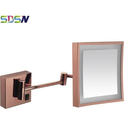 LED Bath Mirror SDSN Rose Gold Square Bathroom Mirrors Wall Mounted Folding LED Makeup Washroom Mirrors 8inch Black Bath Mirrors