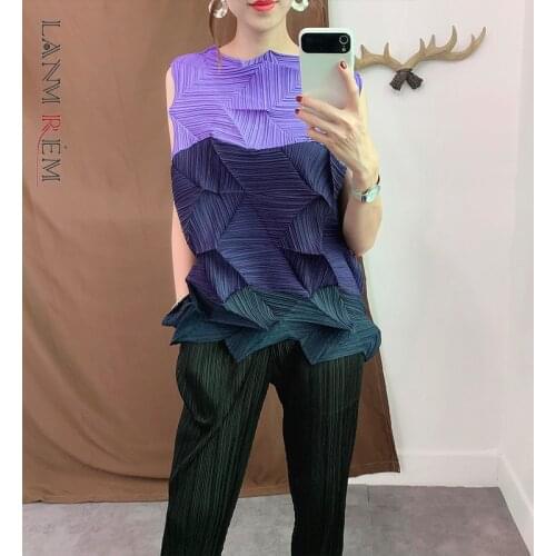 LANMREM Women Summer T-shirt New Stitching Color Printing Sleeveless Shirts Striped Loose Round Neck Fashion Tide 2H139