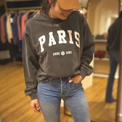 Women Hoodie 2021 Fall and Winter Letter PARIS Printed Black Grey Round Neck 100% Cotton Sweatshirt