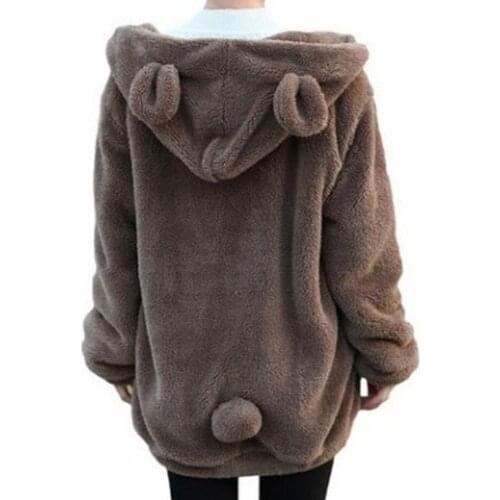 Women Hoodie Zipper Up Loose Fuffy Teddy Hoody Sweatshirts Autumn Cute Animal Bear Ear Outwear Coats Harakuju Tops WDC3316
