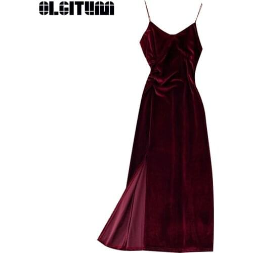 Retro Women Dresses for Winter 2020 Sexy V-Neck Sleeveless Velet Spaghetti Camis Split Vestido for Female Elastic Robe