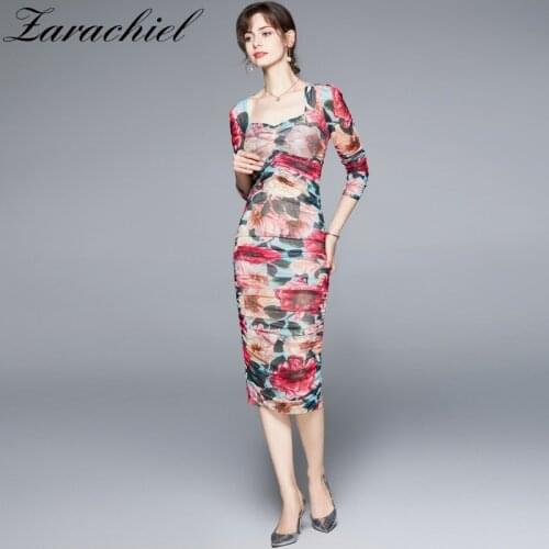 Menahem Summer Runway Mesh Ruched Sheath Midi Dress Women Rose Print Square Collar Puff Sleeve Elastic BodyconFolds Vestidos