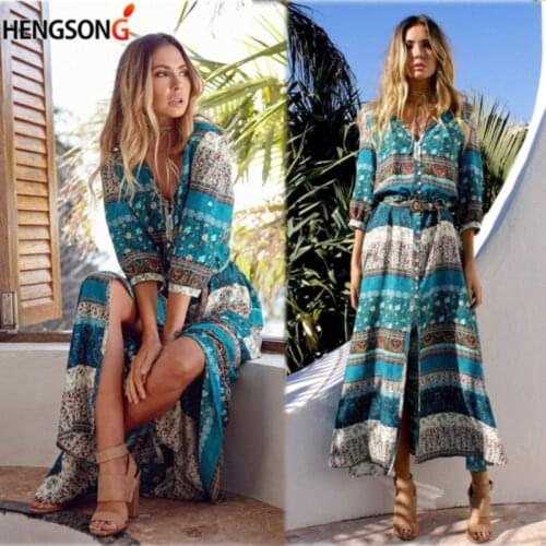 2021 Summer Boho Beach Dress Fashion Floral Print Ethnic Long Maxi Dress Woman Party Night Elegant Dress