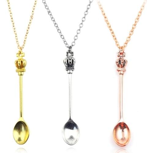 1pcs New Gold Silver Color Tone Snuff Mini Tea Crown Mini Tea Spoon Vintage Royal Snuff Ibiza Festival Necklace