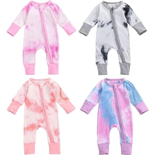 2021 Baby Spring Autumn Clothing Infant Newborn Baby Girls Boys Ribbed Tie dye Romper Long Sleeve Jumpsuits Zipper Playsuits