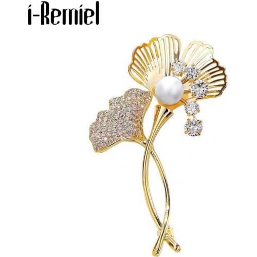 2021 Fashion Ginkgo Leaf Brooch Pin Corsage Pearl Crystal Rhinestone Coat Pin Jewelry Scarf Buckle Female Clothing Accessories