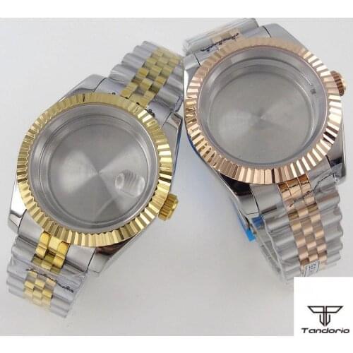 36mm Gold Plated Watch Case Fit For NH35 NH36 Miyota 8215 DG 2813 Coin Bezel Jubilee Bracelet Sapphire Glass Steel/Glass Back