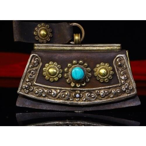 8"Tibet temple Old Bronze Hand beat Engraved mosaic Gem Eight Treasure Buddha Flower Flaming sickle Pendant Town House