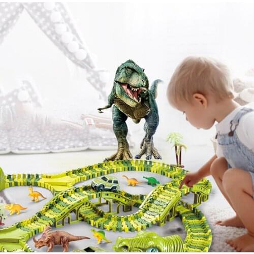 Children Toy Dinosaur Electric Rail Car Road Race Set Diy Changeable Assembled Building Block Tracks Dinosaur Race Car Toy Gift