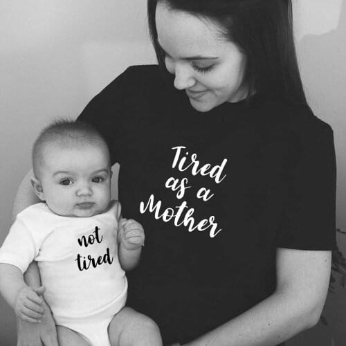 1pcsTired As A Mother Not Tired Mommy and Me Letter Tshirt Super Mom Shirt Baby Romper Baby and Mommy Matching Tee