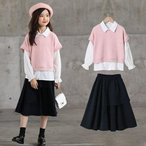 Girls Clothes Sets Autumn Vest+Shirt+ Skirts 3 Pcs Suit 4 6 8 10 12 14 Years Spring Boutique Kids Clothing Childrens Sets