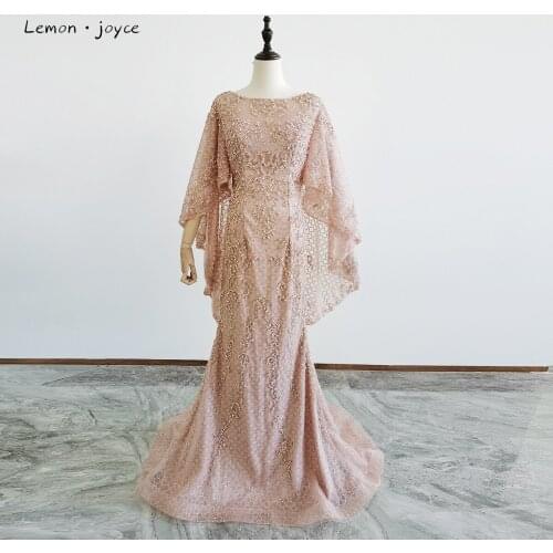 Lemon Joyce Rose Gold Evening Dresses 2021 O-Neck With Cap Sleeve Mermaid Beads Evening Gowns Formal Dress For Woman Plus Size