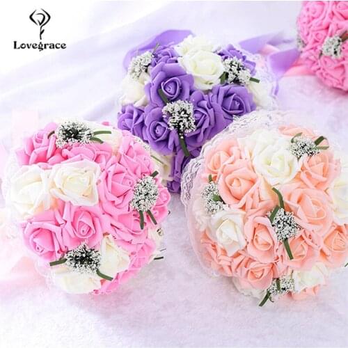 Lovegrace Bride Wedding Flower Bouquet Artificial PE Rose Fake Flower Handmade Holding Flowers Romantic Mariage Colorful Bouquet