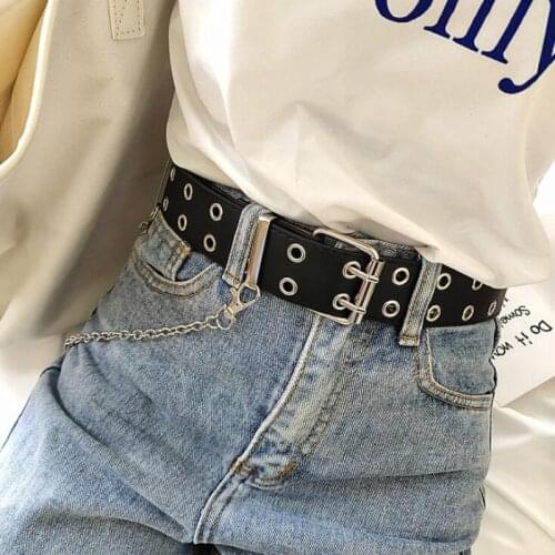 Fashion Harajuku Women Punk Chain Belt Adjustable Black Double/Single Eyelet Grommet Metal Buckle Leather Waistband For Jeans