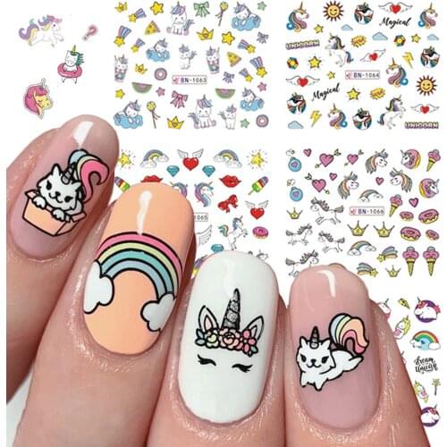 12pcs Unicorn Stickers For Nails Colorful Cartoon Decals Pig Dog Water Transfer Nail Art Tattoo Slider Decor Tips SABN1057-1068