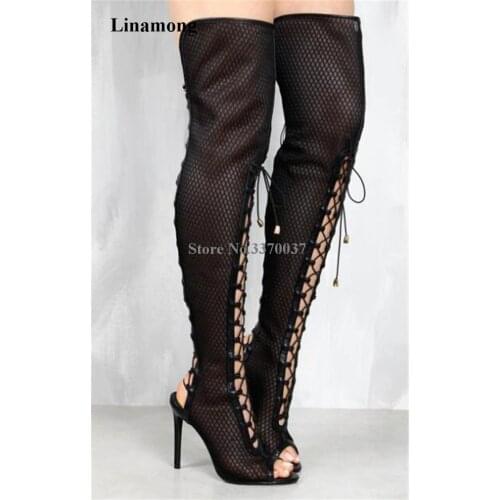 Newest Women Fashion Open Toe Lace-up Mesh Over Knee Gladiator Boots Cut-out Stiletto Heel Thigh Long High Heel Boots