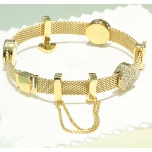 NEW 100% 925 Sterling Silver Reflexions Bracelet Set Shine Gold Round Elegant Fit European DIY Original Charm Bead Jewelry Gift