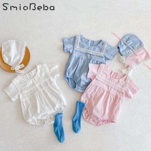 Ins Summer Baby Jumpsuits With Hats One-piece Cotton Short Sleeve Lace Square Neck Triangle Khaki Climbing Romper Space Bodysuit