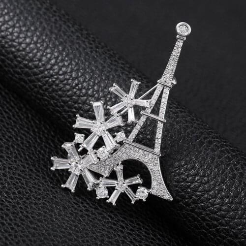 Paris Eiffel Tower Pins Brooches For Women Crystal Flower Brooch Party Dress Suit Charm Craft Jewelry Collar Broche Pin Gift