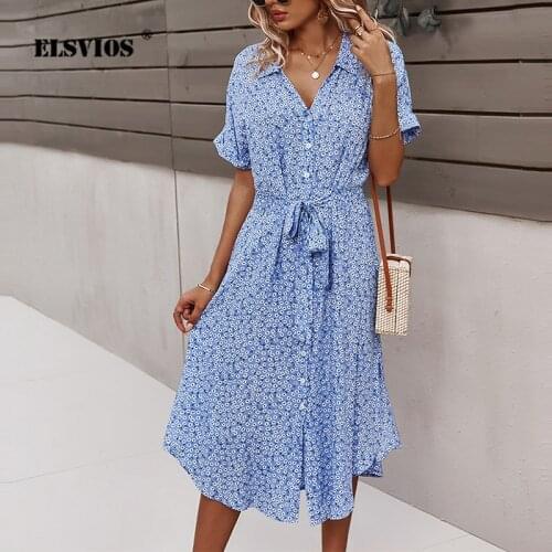 Floral Printing Lace-Up Knee-Length Dress Spring/Summer Casual Vacation Single-Breasted V-Neck Short-Sleeve Sexy Big Swing Dress