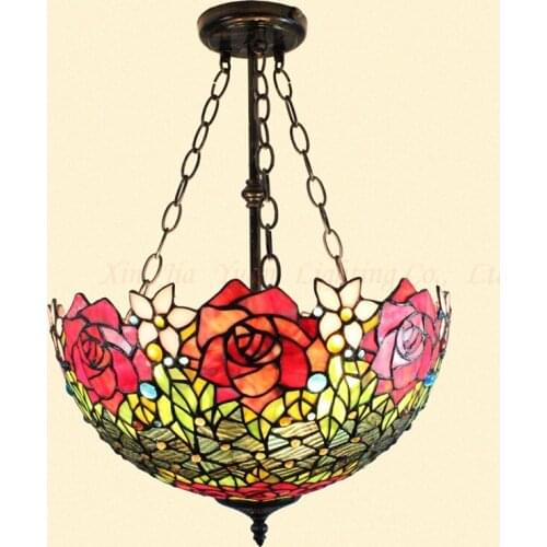 16 inch Tiffany red rose Stained Glass Suspended Luminaire E27 110-240V Chain Pendant lights for Home Parlor Dining Room