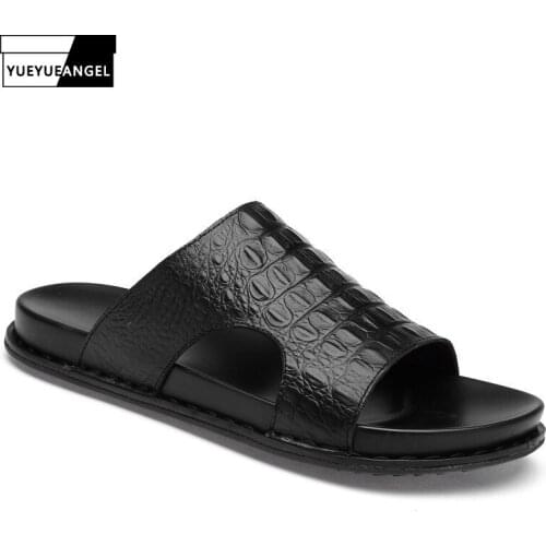 Fashion Men Black Slippers Shoes Crocodile Pattern Casual Slides Summer Breathable Beach Shoes Sandals Male Plus Size 37-45