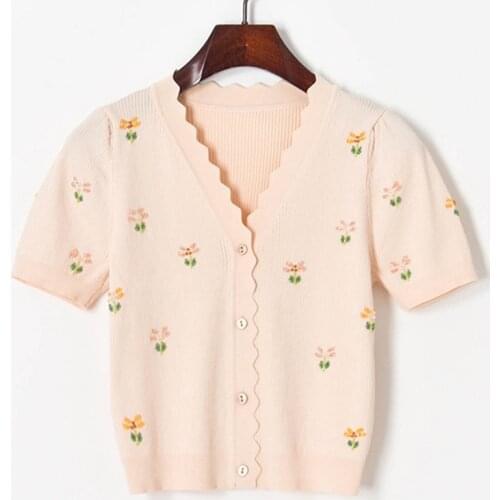 V Neck Short Sleeve Button Up Shirt 2021 Summer Womens Tops Beaded Flowers Sweater Shirt Crop Cardigan Shirts