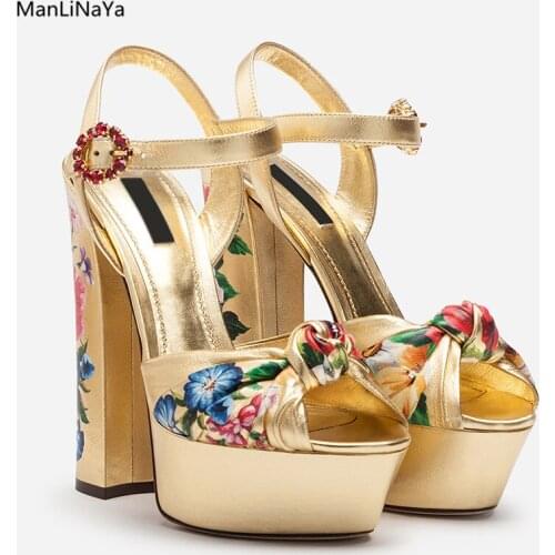 Super High Heel Peep Toe Women Sandals Print Flowers Runway Women Shoes Gold Platform Floral Butterfly-knot Women High Heels