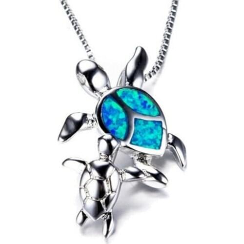 Sea Turtle Family Necklaces for Women Blue Opal Animal Pendant Necklace Birthstone Jewelry Mom and Baby Gift Fashion Accessories