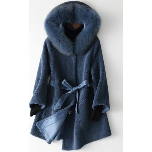 2020 Real Fur Coat Women Sheep Shearing Fur Wool Coats Korean Fashion Jacket Female Fox Fur Collar Jackets