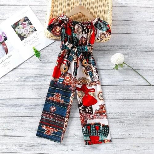 2021 Hot Sale New Summer Kids Girl Romper Floral Short Sleeves Shoulderless Defined Waist Jumpsuit Loose Casual Outfits E118