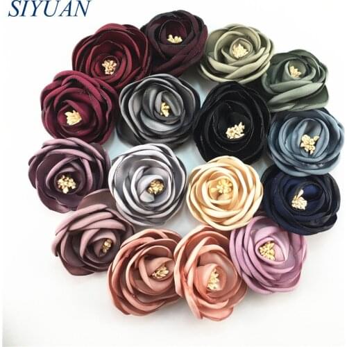 5pcs/lot 6cm Singed Satin Flower with Stamen with Hair Clip Women Corsage Flower Headwear Accessories Antique Color TH238