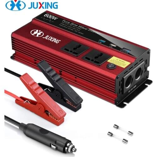 JUXING 600W Car Power Converter 12V/24V To 220V Inverter With 2* AC Oultet and QC 3.0 Fast Charging USB Port Pure Sine Wave
