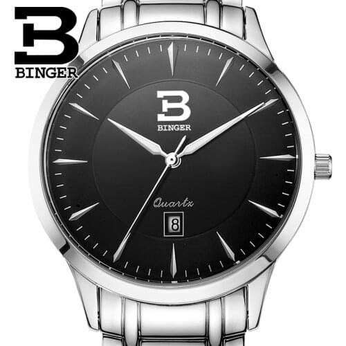 Genuine Switzerland BINGER Brand Men sapphire watch calendar waterproof male slim stainless steel leather strap table business