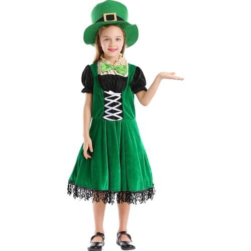 Kid Children Western Europeans Ireland St. Patricks Day Costume Girl Magician Green Goblin Dwarfs Cosplay Role Play Party Dress