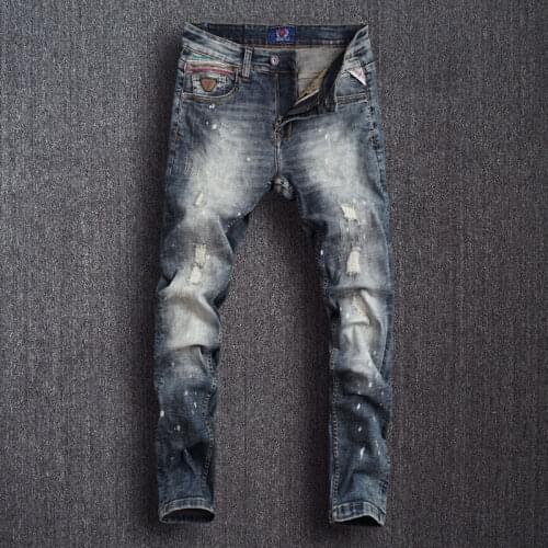 European American Vintage Fashion Men Jeans Retro Gray Blue Slim Fit Ripped Jeans Men Painted Designer Elastic Denim Punk Pants