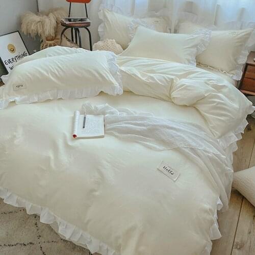 Cilected 100% Cotton Quilt Cover INS Solid Color Applique Embroidered Lotus Leaf Lace Quilt Cover Single And Double Bed Decor