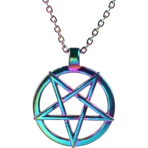 Creative Rainbow Star Round Pendant Necklace Charm Stainless Steel Chain Necklaces Jewelry 23603