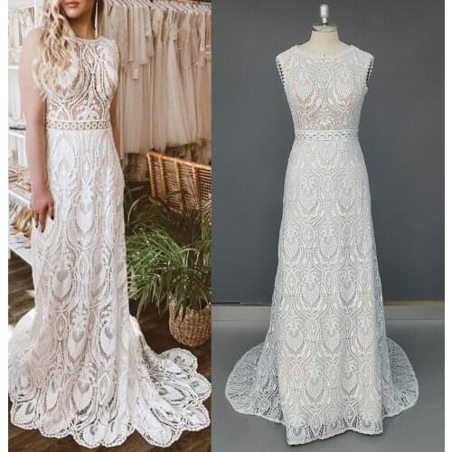 Lace O-Neck Sleeveless Bridal Dress Sweep Train Bohemian Boho Beach Backless Wedding Dress Wedding Gown Bridal Gown
